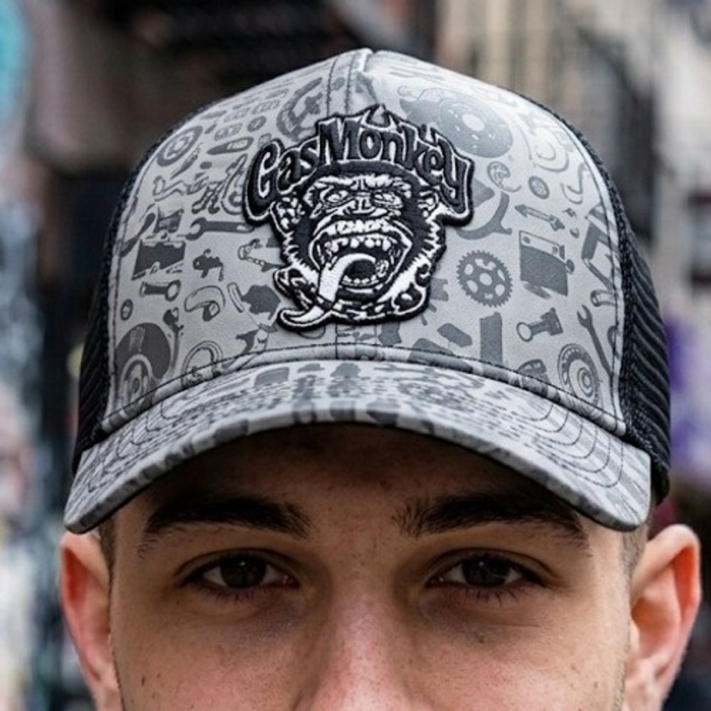 Gas Monkey Garage Snapback Hat Mens Grey Black Embroidered Logo Auto Parts Print